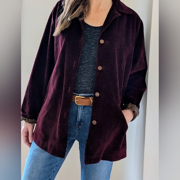 Vintage Jackets & Blazers - Vintage Corduroy Button Down Collared Paisley Lined Jacket In Burgundy